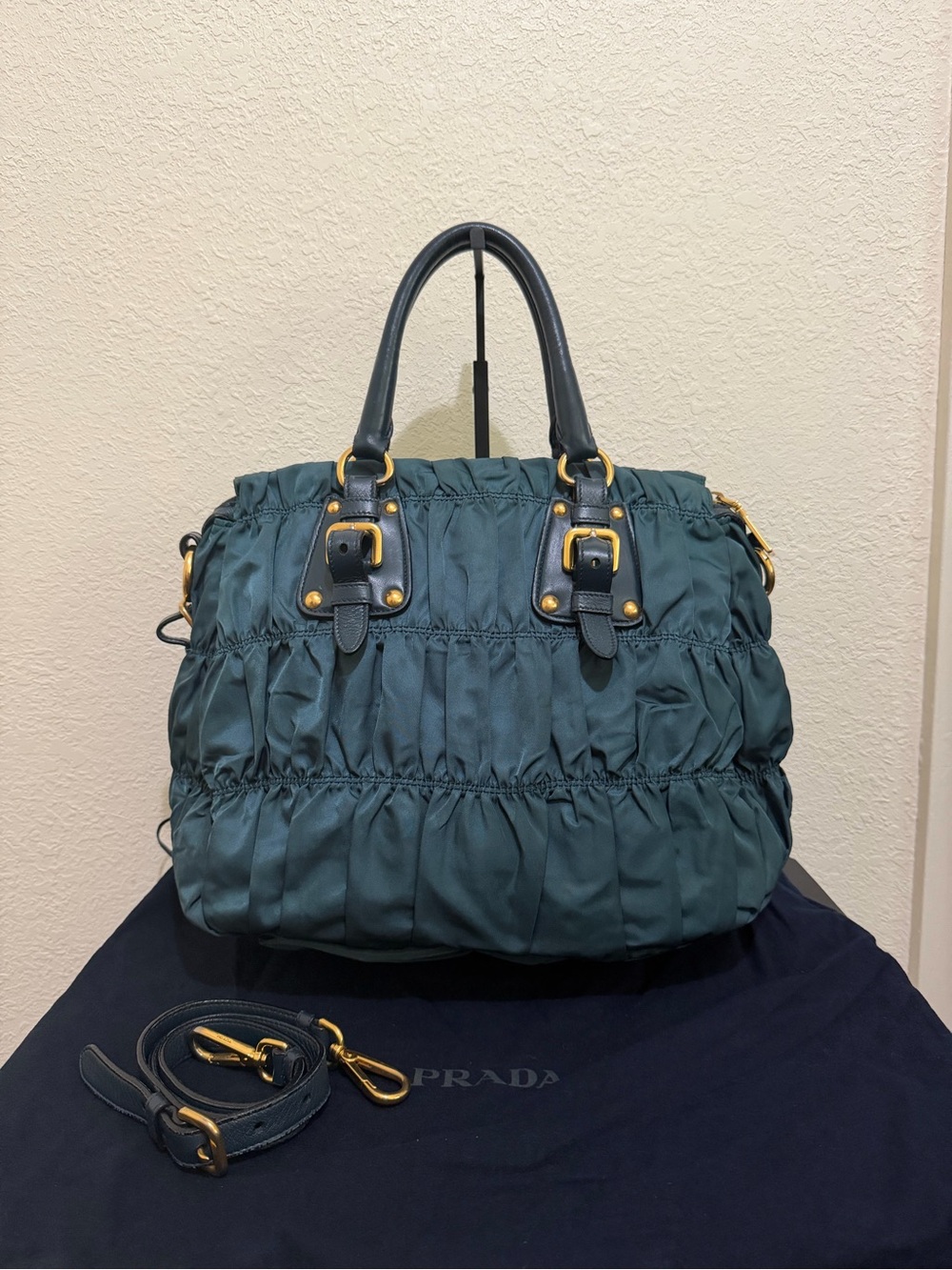 Prada Teal Ruched Nylon Satchel with Gold Hardware and Leather Trim - Picture 4 of 7